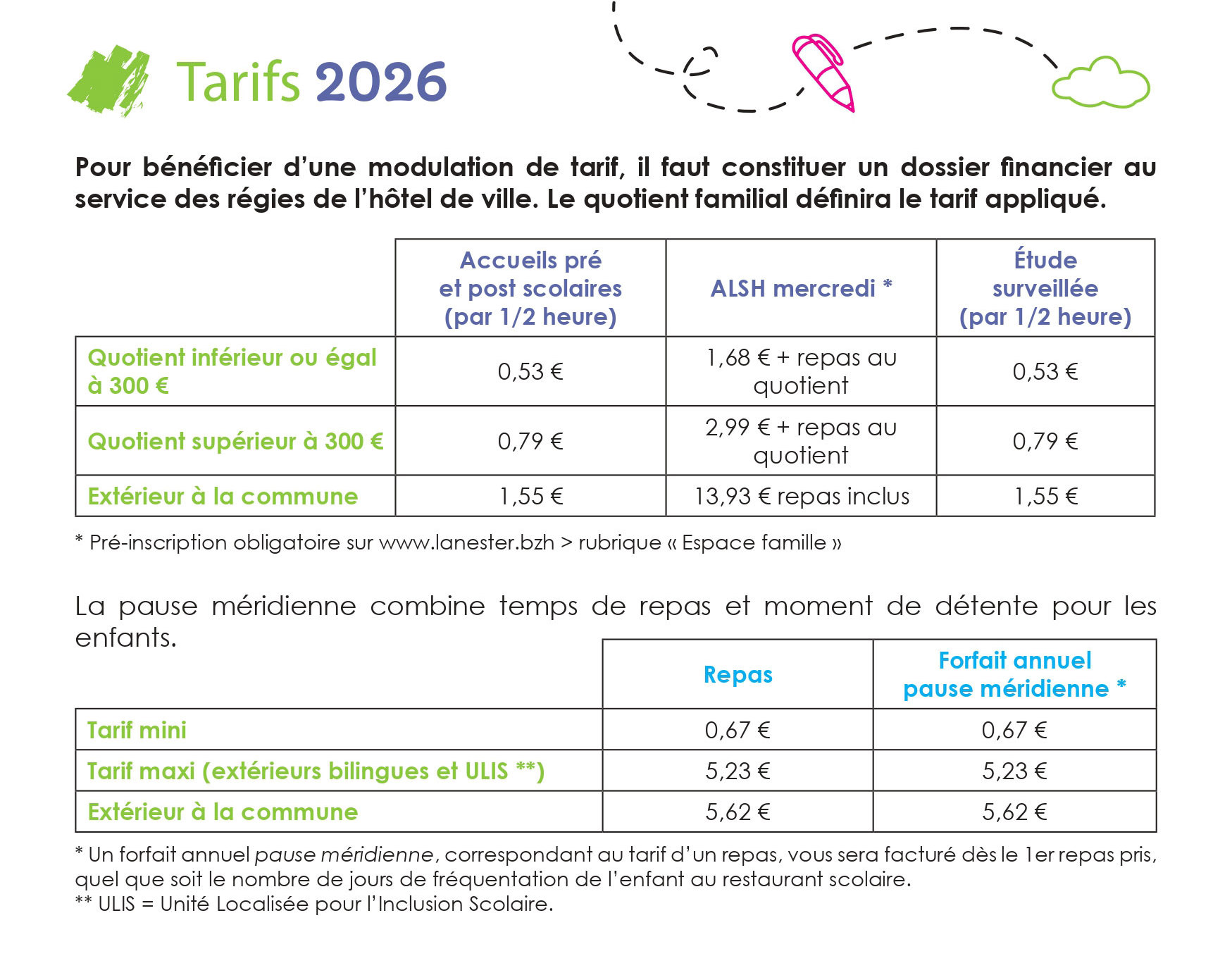 Calendrier scolaire et tarifs 