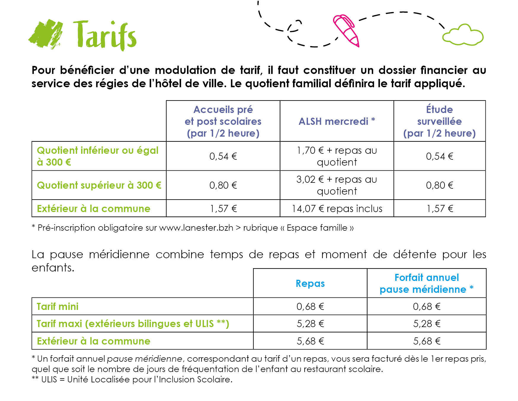 Calendrier scolaire et tarifs 