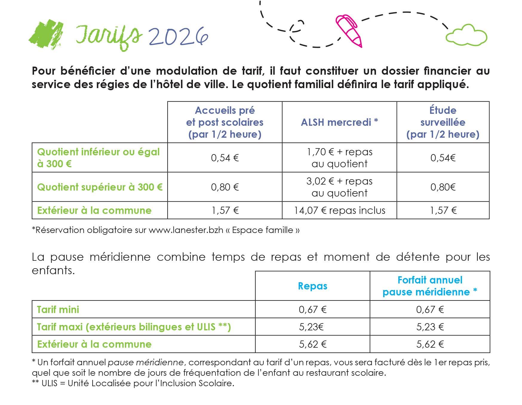 Calendrier scolaire et tarifs 