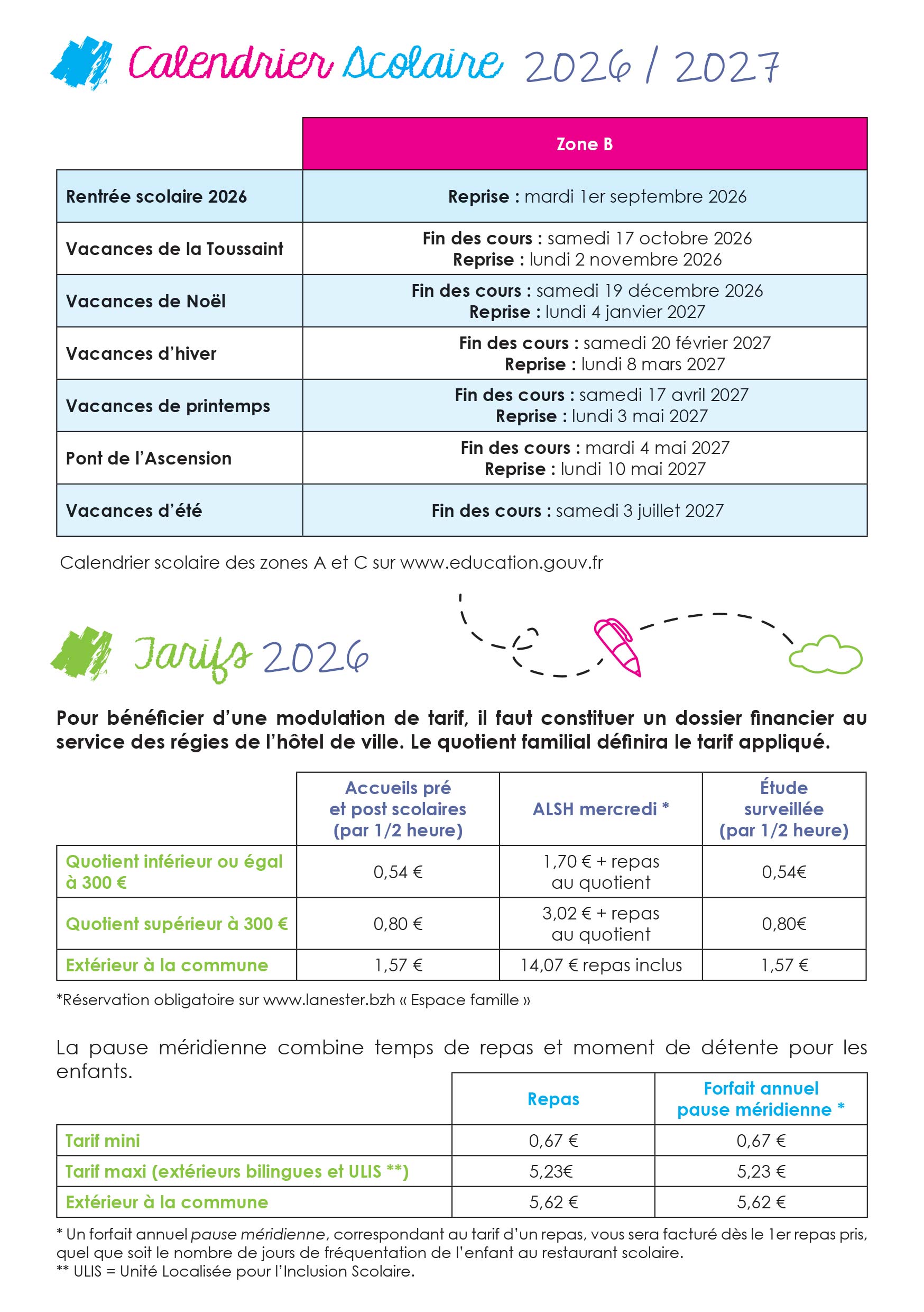 Calendrier scolaire et tarifs 2023-2024