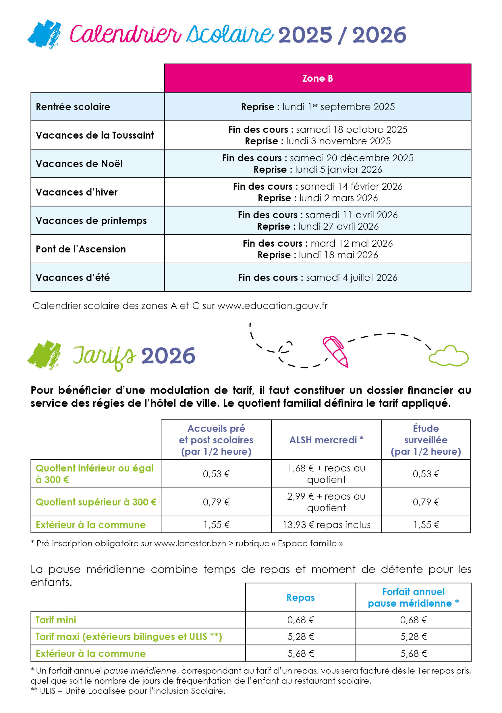 Calendrier scolaire et tarifs Lanester