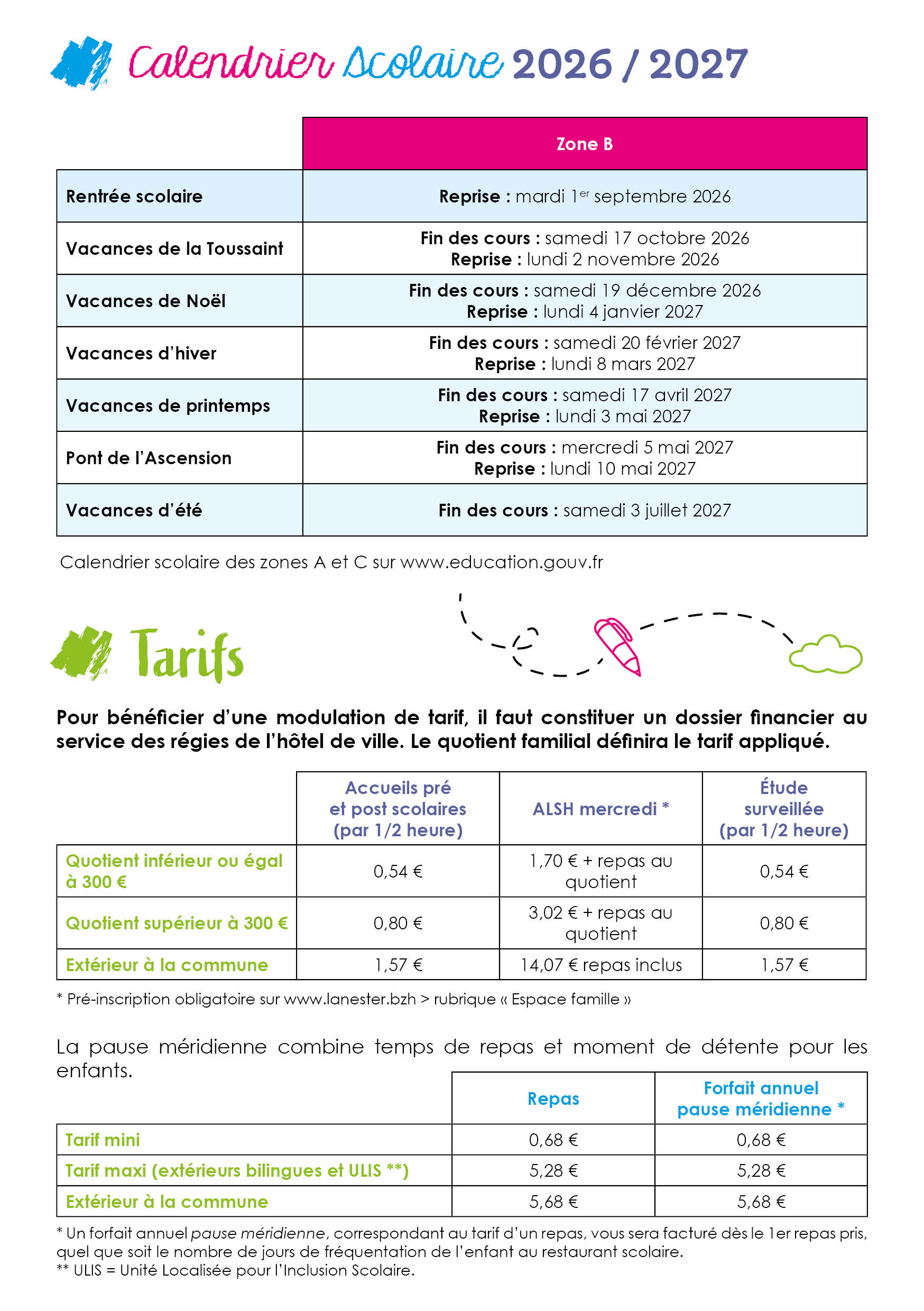 Calendrier scolaire et tarifs 2023-2024